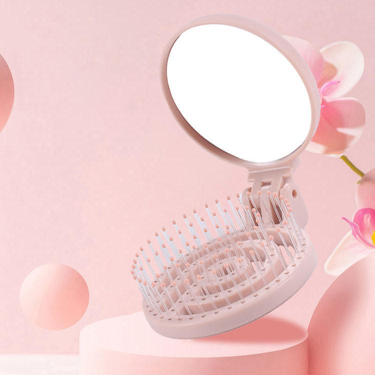 Portable Mini Folding Comb Mirror Custom Private Logo Hot Selling Hairbrush Compact Size Mirror Massage Hair Comb Travel  Pink